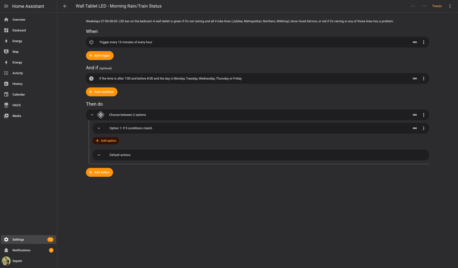 Home Assistant automation editor showing a time-pattern trigger, a 7am to 8am weekday condition, and a choose action that sets the LED light colour