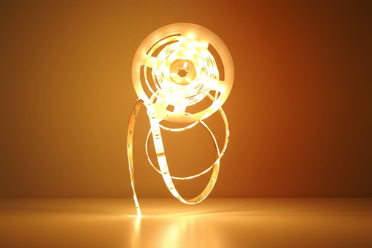 Innr FL 250 C LED strip lit in warm white, coiled on its reel
