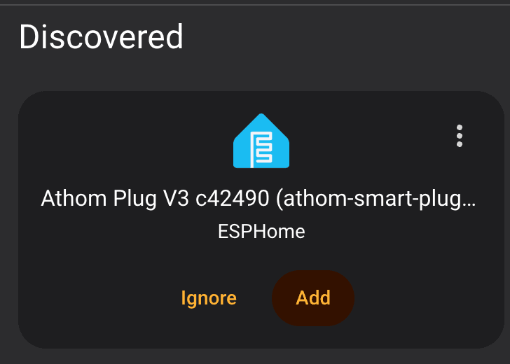 Home Assistant discovered devices screen showing the smart plug via ESPHome with Ignore and Add buttons