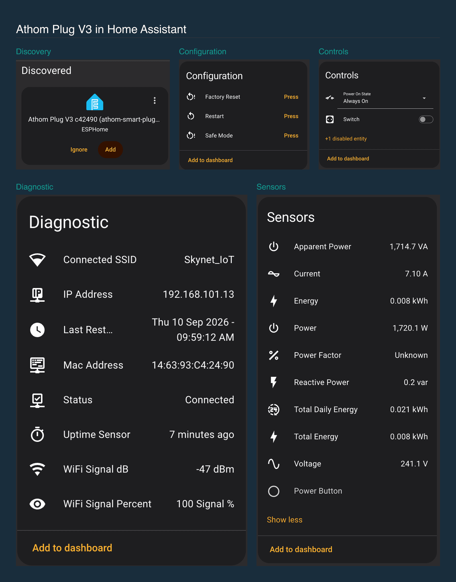 Collage of five Home Assistant entity cards for the smart plug: discovery, configuration, controls, diagnostic and sensors