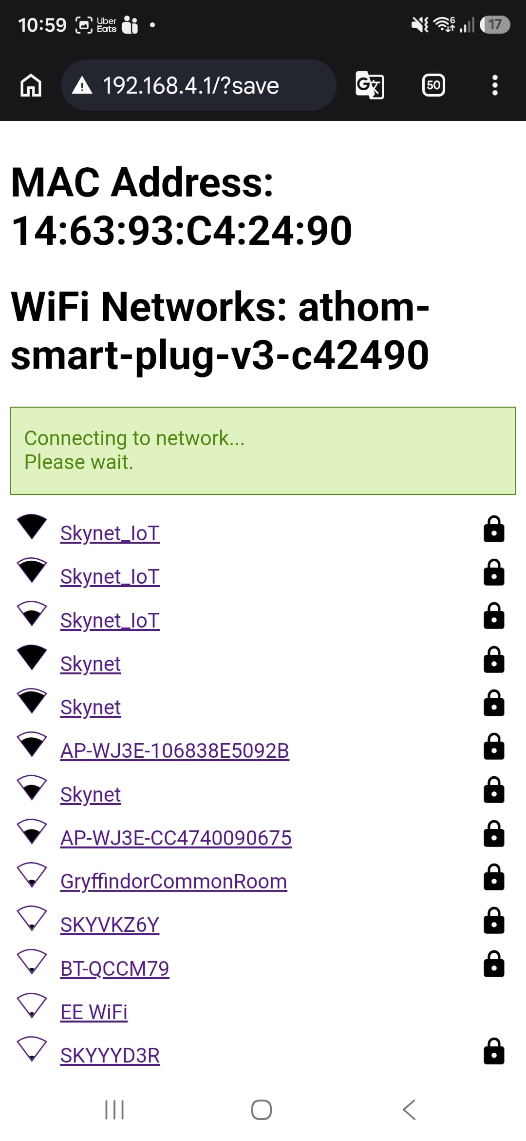 Phone browser showing the smart plug's captive-portal setup page listing nearby Wi-Fi networks to join
