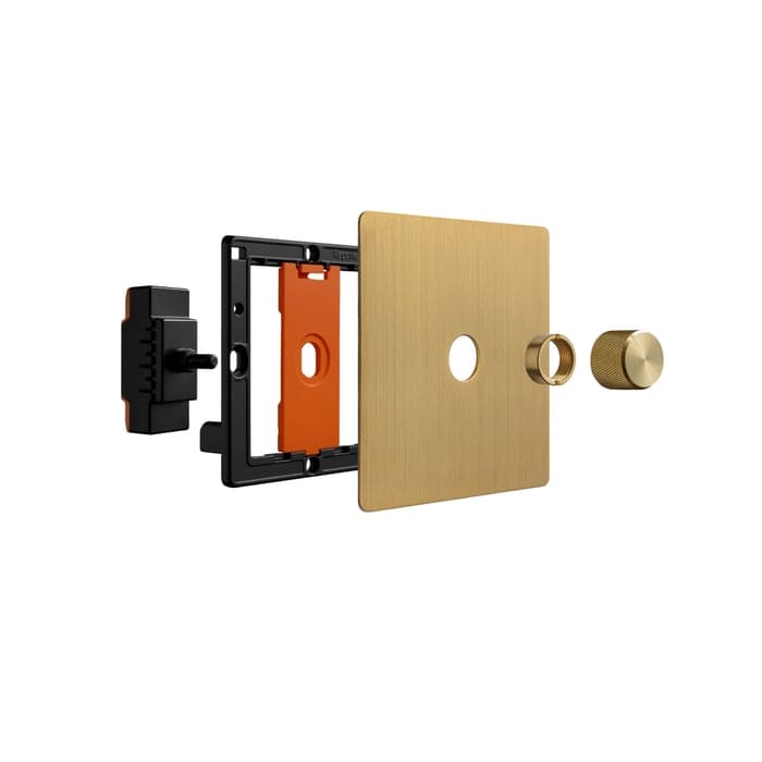 Exploded view of the Repenic RD-250ZG brass Zigbee dimmer switch and its components on a white background