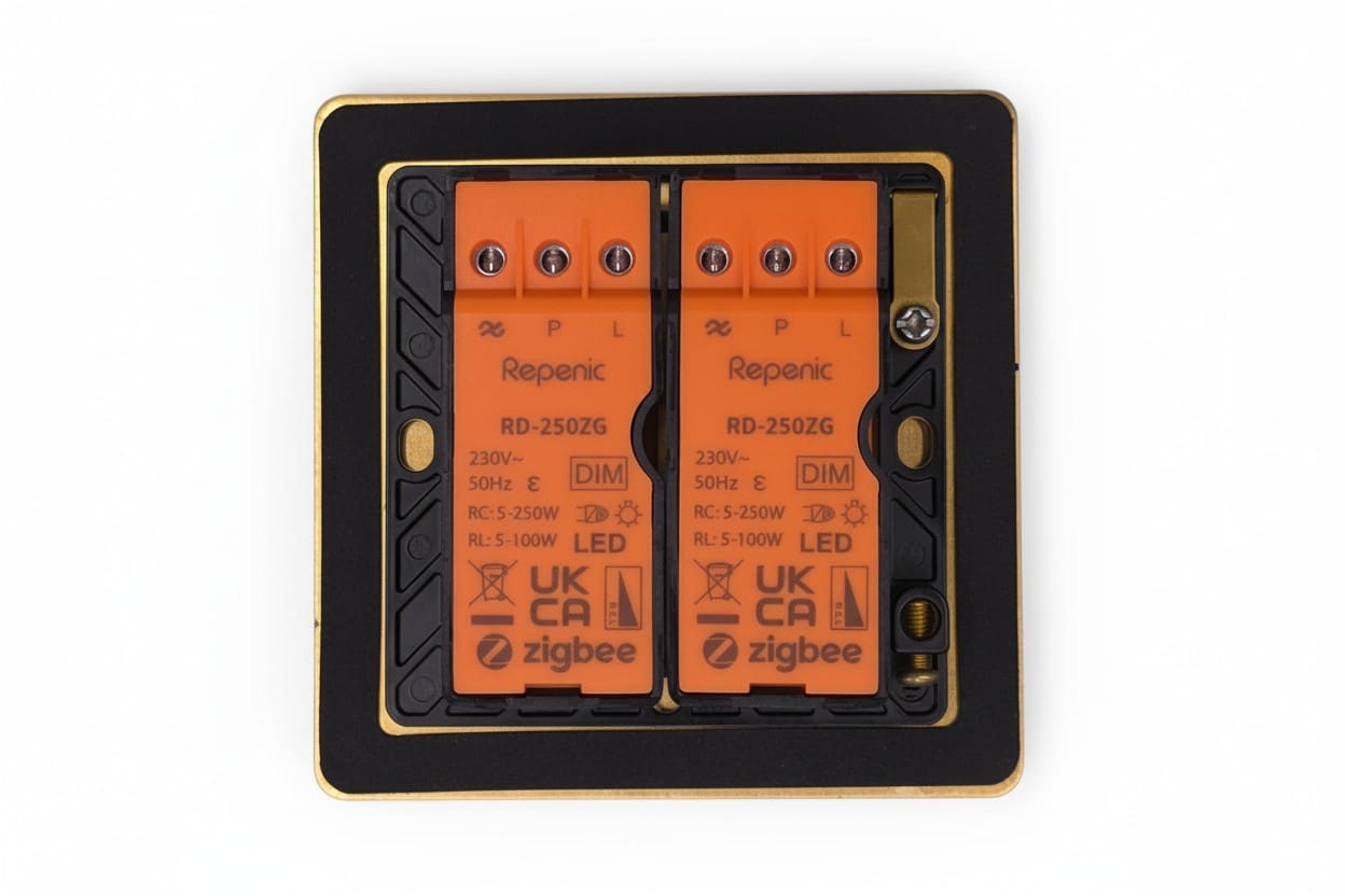 Close-up of the RD-250ZG module's printed rating label showing 230V, load wattage and the Zigbee and UKCA marks