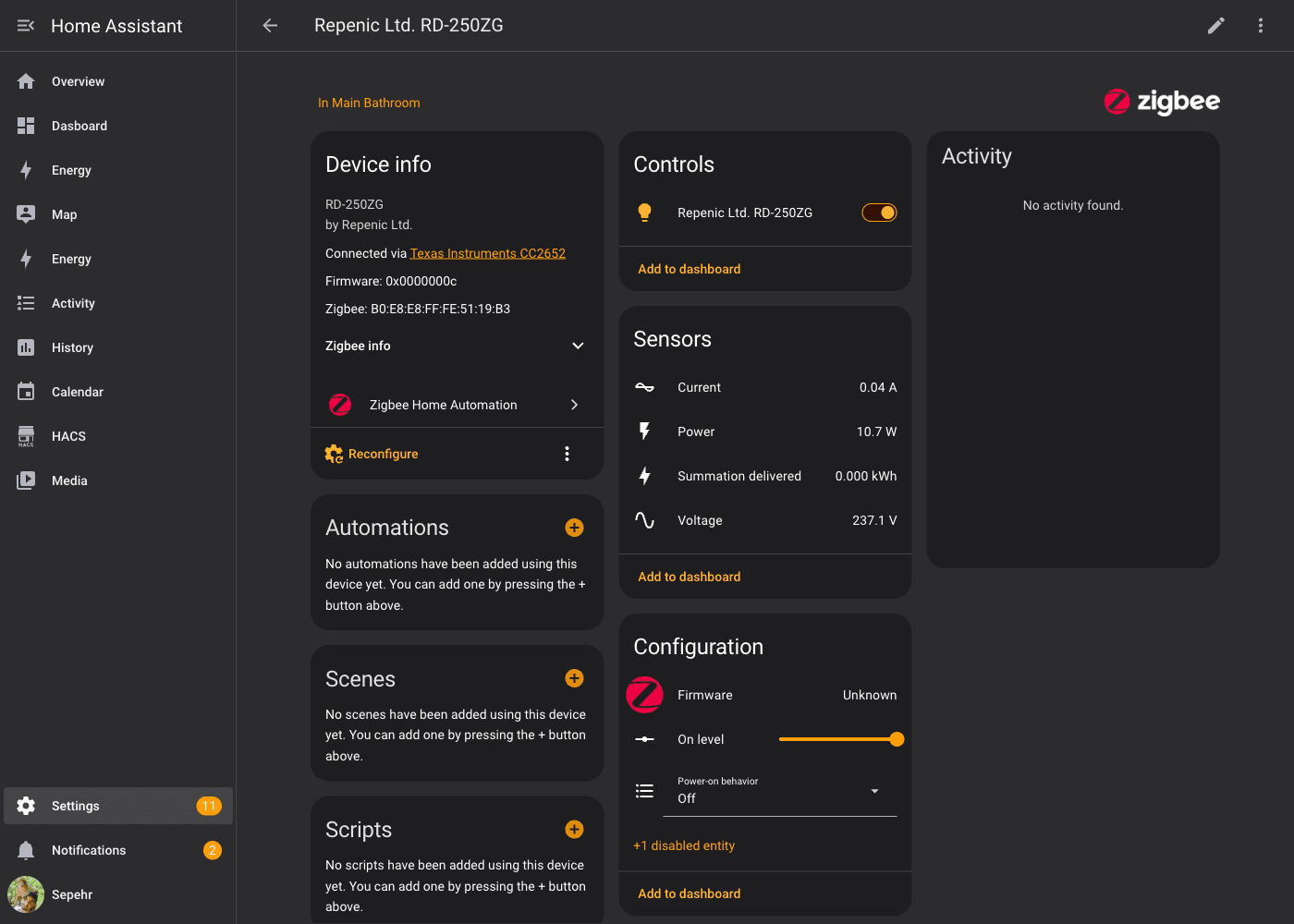 Home Assistant device page for the Repenic RD-250ZG showing Controls, Sensors and Configuration entity cards