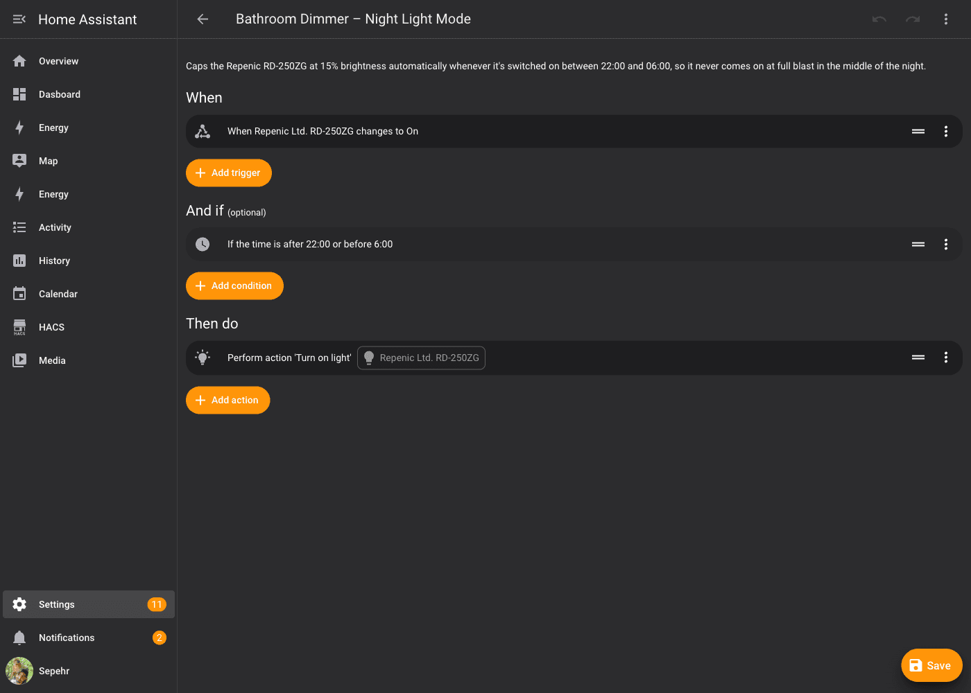 Home Assistant automation editor showing a trigger, time condition and turn-on action for the Repenic dimmer