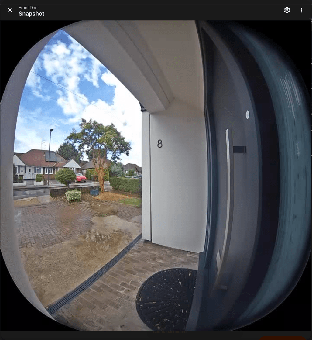 Home Assistant snapshot view of the old Ring doorbell showing a fisheye view of the front door and drive