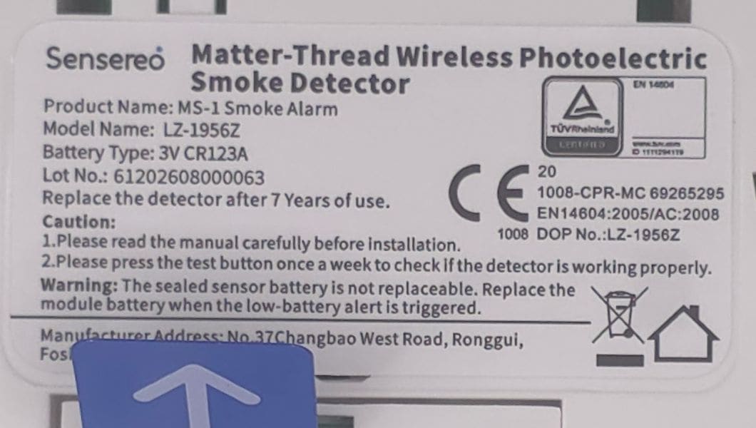 Product label on the back of our Sensereo unit showing MS-1, model LZ-1956Z, CR123A battery, EN 14604 and CE and TÜV Rheinland marks