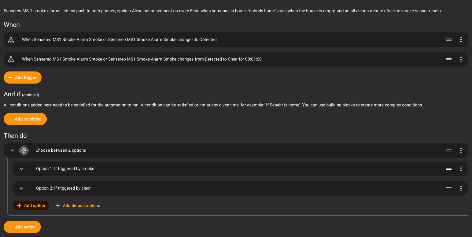 Home Assistant automation editor for the smoke alarm alert showing two state triggers and a choose action