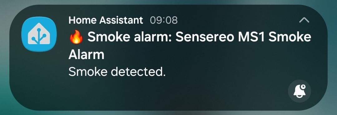 Android notification from Home Assistant reading Smoke alarm: Sensereo MS1 Smoke Alarm, Smoke detected