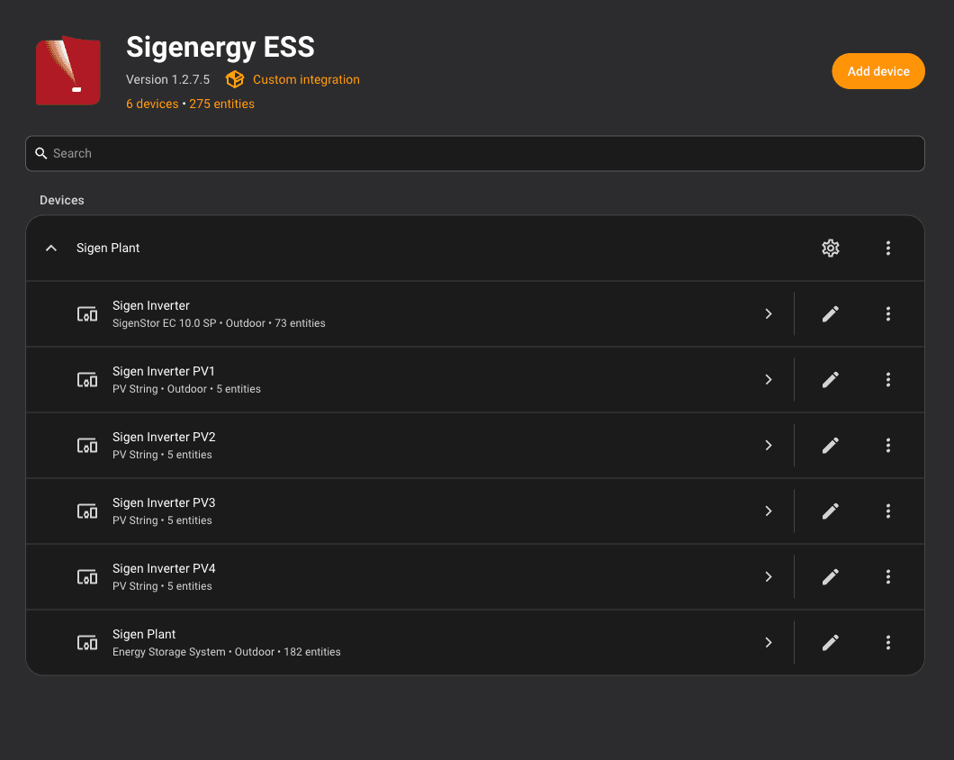 Home Assistant Sigenergy ESS integration page listing the plant, inverter and four PV string devices