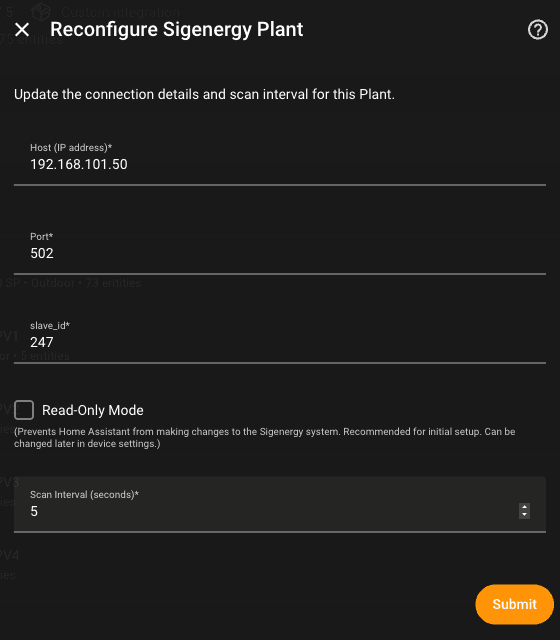 Home Assistant Reconfigure Sigenergy Plant dialog showing host, port 502, slave ID 247, read-only checkbox and scan interval