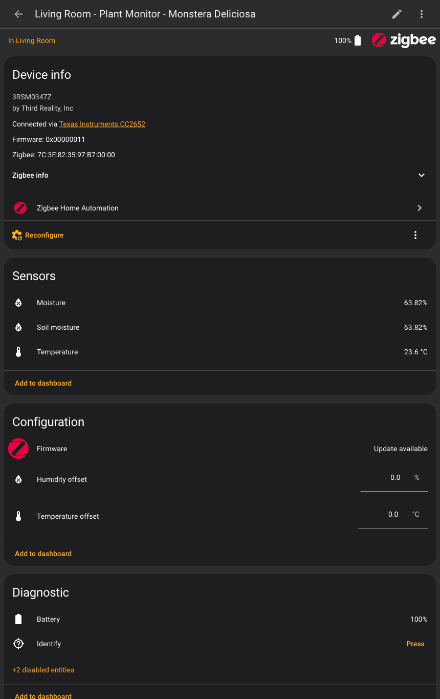Home Assistant device page for the Third Reality soil sensor showing moisture, soil moisture and temperature sensor cards plus calibration offset controls