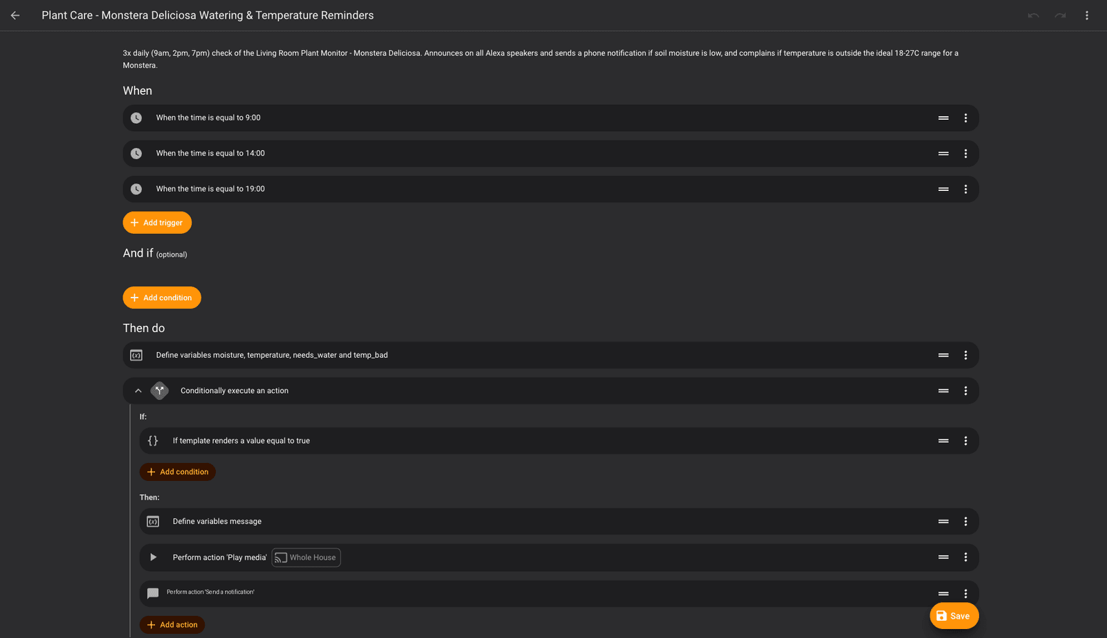 Home Assistant automation visual editor showing the three daily time triggers and the conditional announce-and-notify action sequence