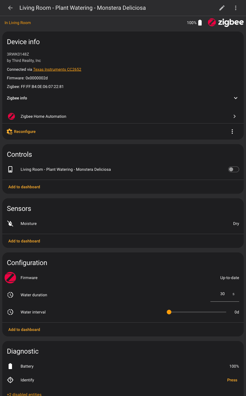 Home Assistant device page for the Third Reality Smart Watering Kit Pro showing Controls, Sensors, Configuration and Diagnostic entity cards