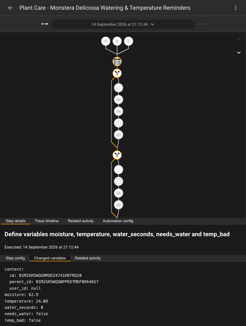 Home Assistant automation trace showing computed moisture, water_seconds and needs_water variables for a healthy plant