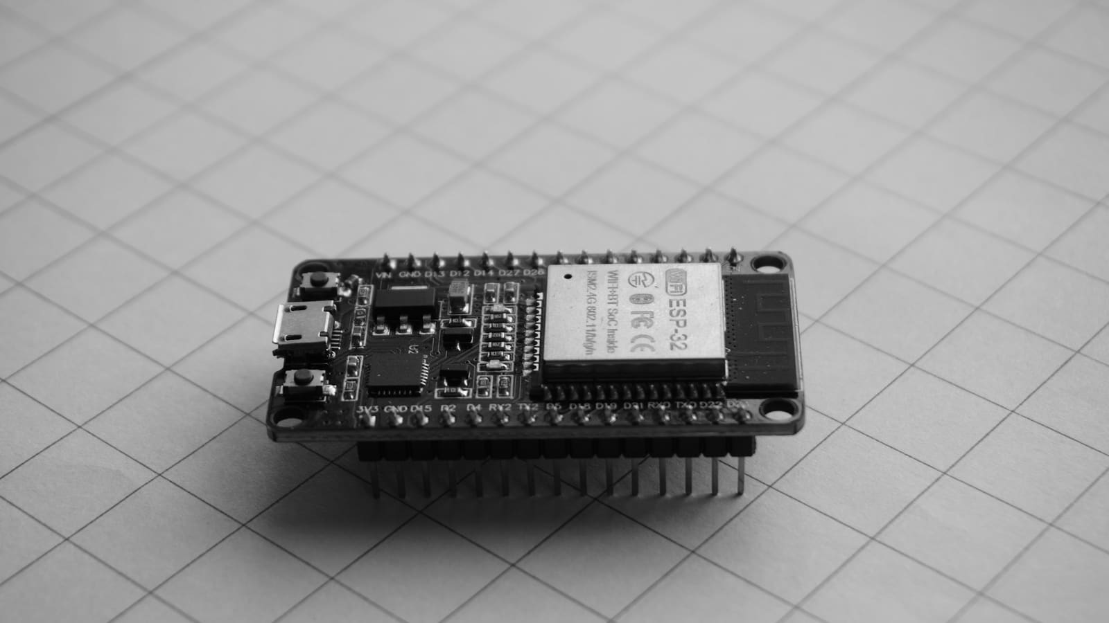 Black and white photo of an ESP32 development board with header pins resting on grid paper