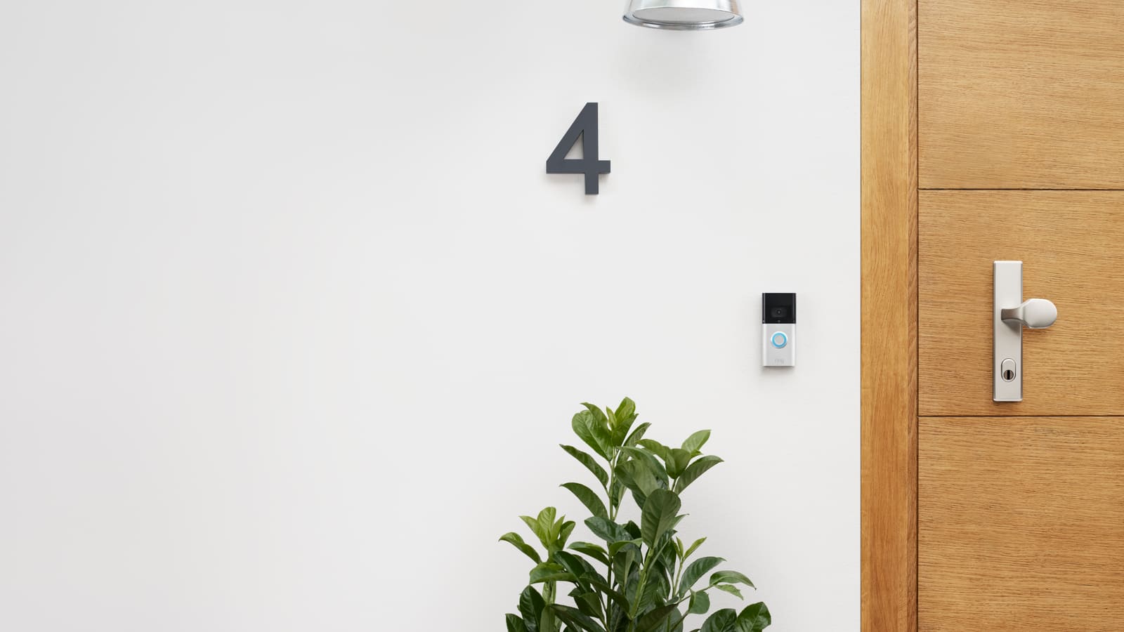 Silver Ring video doorbell mounted on a white wall beside a wooden front door and a potted plant