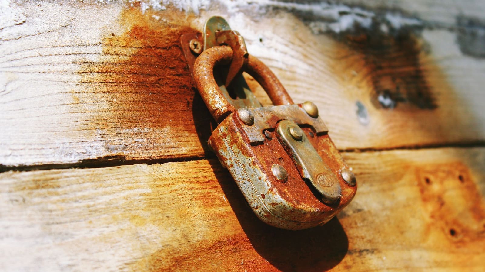 Close-up of a rusted brown padlock hanging on a weathered wooden door
