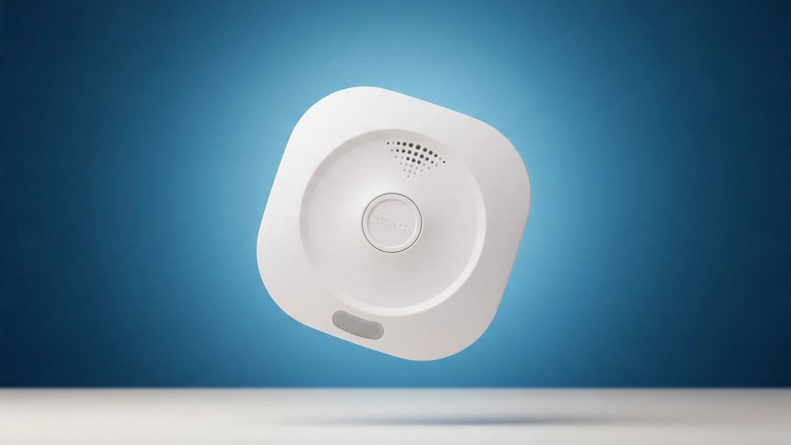 White square Sensereo MS-1 smoke alarm floating at an angle against a blue gradient studio backdrop